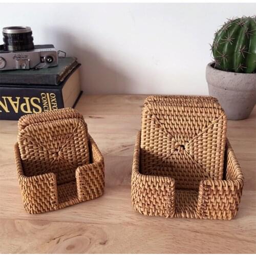 6pcs Square Natural Rattan Coaster Bowl Mat Handmade Insulated Placemat Kitchen Decoration Accessories Wholesale 2021