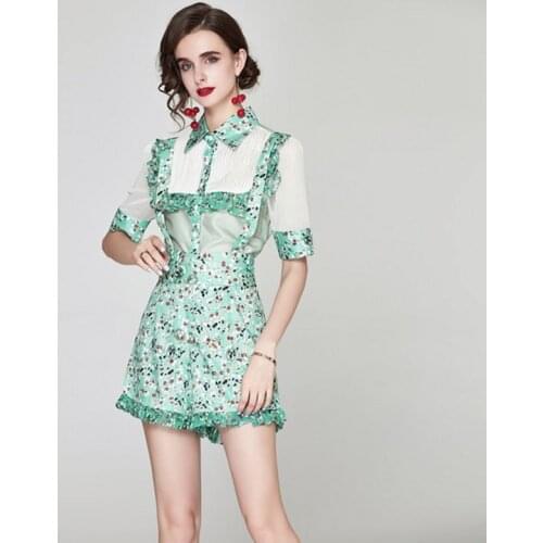 Sweet Cute Print Shirt Blouse and Suspender Shorts Two Piece Sets 2021 Summer short Sleeve Ruffles shirt Tops Elegant Outfits