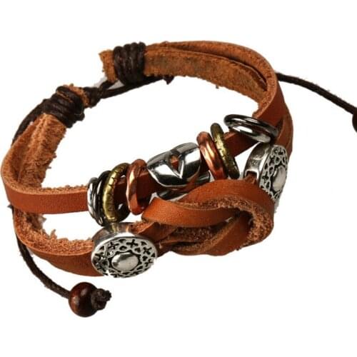 Fashion Casual Vintage Beads Bracelet Wrap Retro Genuine Leather Alloy Charm Adjustable Bangle Wristbands for Women Men Jewelry