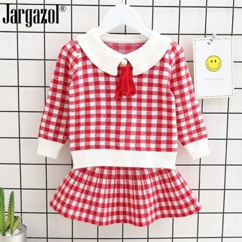 Childrens Wear Girls Clothes Set Plaid Knitted Sweater Shirt & Skirt Children Winter Sets Kids Clothing Cute Warm Baby Clothes