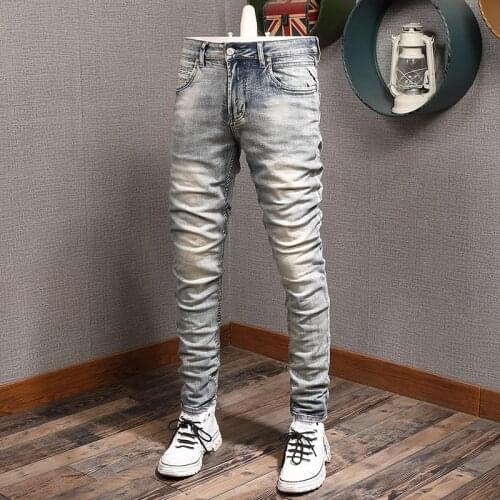 Vintage Jeans Men Autumn Cotton Straight Slim Fit Retro Blue Pants Mens Denim Trousers