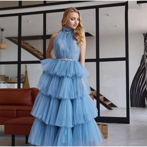 Elegant Prom Dress 2021 A-Line 3 Layers Blue Tulle Sleeveless Halter With Sash Women Formal Evening Dress Graceful Backless