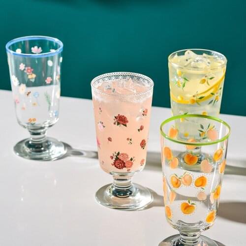 Creative Transparent Glass Cute Lemon Peach Rose Bee Flower Hand-painted Goblet Ice Cream Cup French Romantic Dessert Cups