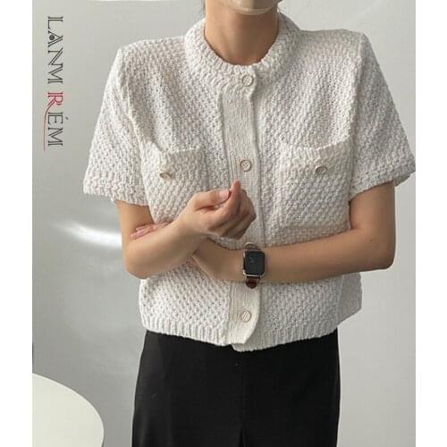 LANMREM 2021 New Arrivals Fashion Korea Style Versatile Single Breasted Short Sleeves Pocket White Knitted Sweater 2T1567