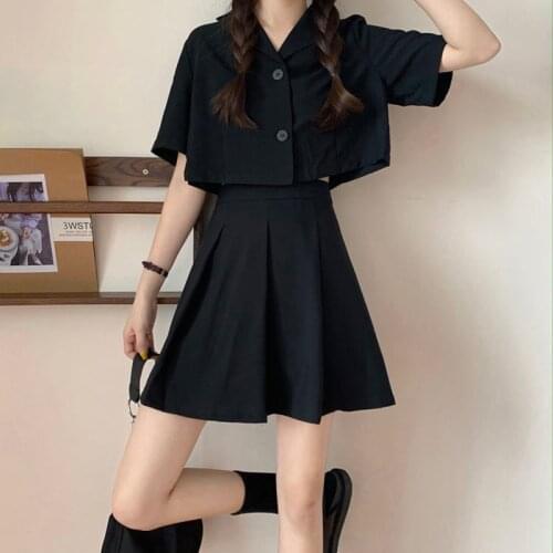 Summer New Korean Version Of Womens Suit Short Top Tops High Waist Pleated Skirt College Wind Harajuku Vintage Skirt Size