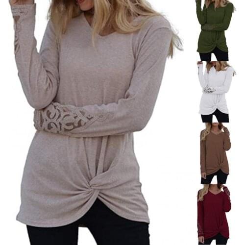 70% Hot Sell Women Autumn Lace Patchwork Long Sleeve V Neck Tunic Twist Knot Hem Blouse Top