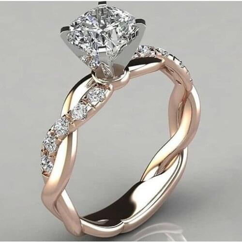 Fashion Trendy 4 Claws Cubic Zirconia Princess Cut Wedding Ring Rose Gold Spiral Rope Crystal Engagement Rings for Women Jewelry