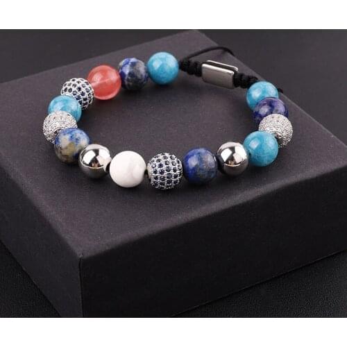 New Design 10mm Colorful Natural Stone Amethyst/Rose Quartz/Jade Beads CZ Pave Charm Friendship Macrame Bracelet Women
