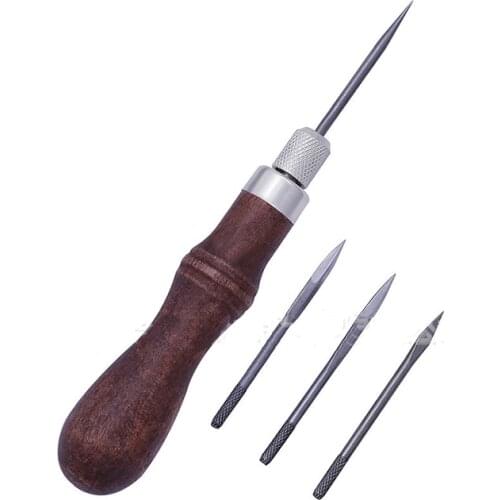 4 in 1 DIY Wood Handle Leather Stitching Awl for Leather Sewing Scratch Awl Tools Canvas Leathercraft Sewing Needle Kit