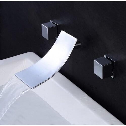 Waterfall Basin Faucets Wall Mounted Chrome Brass Dual Handle In-Wall Bathroom Basin Sink Faucet 3 Holes Hot and Cold mixer Taps