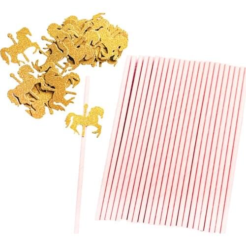 25x Pink Paper Straws with Gold Glitter Unicorn for Kids Birthday Carousel Parties