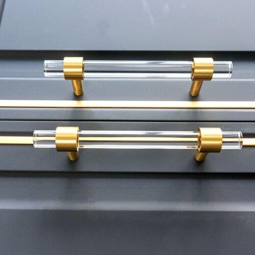 Light Luxury Door Handle Acrylic Brass Strip Handle Modern Minimalist Cabinet Golden Transparent Drawer Wardrobe Furniture Knob