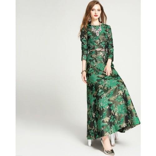 2021 Vintage Spring Autumn O Neck Jacquard Printed Long Dress Brocade Evening Ball Gown Party Maxi Dress Runway