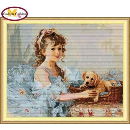 GG Girl and Dog Painting Cotton Cross Stitch Kits Folded Embroidery Needleworks Joy Sunday Printed Cross Stitch for Home Decor