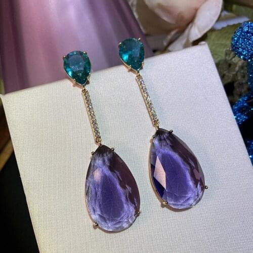 Purple Crystal Water Droplets Transparent luxury Unusual Earrings Temperament Long Cubic Zircon Women Jewelry Dropshipping