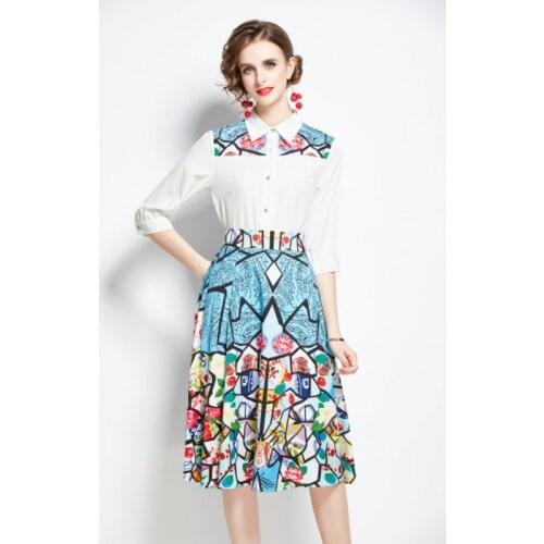 Summer Runway Retro Printted Suit Womens Half Sleeve Single-Breasted Shirt Blouse＋Hight Waist A-Line Draped Skirt 2 Pieces Sets