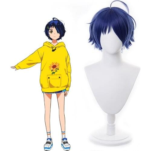 2021 Costumes Wonder Egg Priority Ohto Ai Cosplay Wig Woman Headwear Dark Blue Short Hair Ohto Ai Headgear Free Wigs Cap