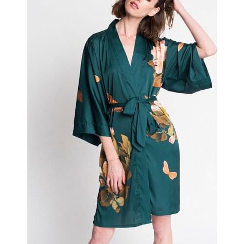 Womens Pajama Sets Kimono Floral Printed Sleepwear Women Satin Silky Nightgown Womens Home Clothes Szlafrok Damski