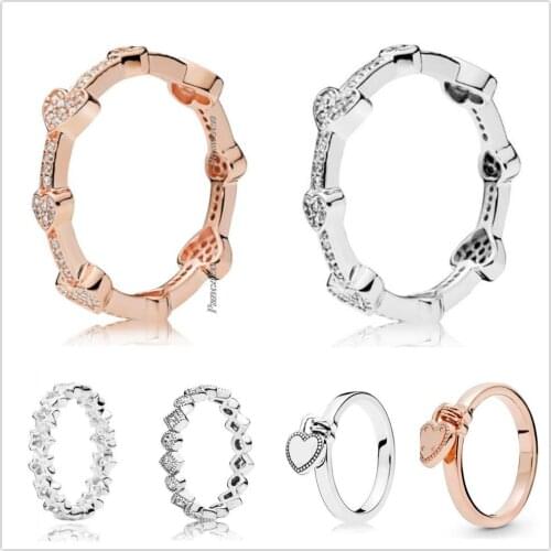 Original 925 Sterling Silver Rose Alluring Hearts With Crystal Rings For Women Wedding Party Gift Europe Pandora Jewelry
