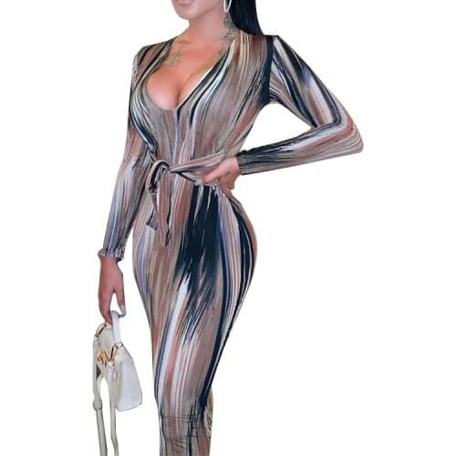 Women 2021 Autumn Fashion Sexy Deep V-neck Slim Club Party Dress Vintage Tie-dyed Patchwork Sashes Bodycon Dress Vestidos