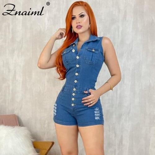 Znaiml Summer Blue Jeans Playsuit For Women Turndown Collar Button Short Jumpsuits Femme Sexy Bodycon Denim Overalls Rompers