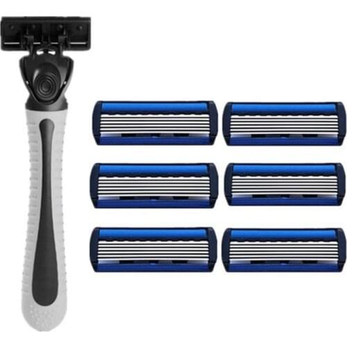 1pcs Beard Shaver Rack +6 pcs 6-Layer Blades Manual Beard Shaver Manual Hand Safety Razor 6PCS 6-Layer Blade ABS Grip Anti-slip