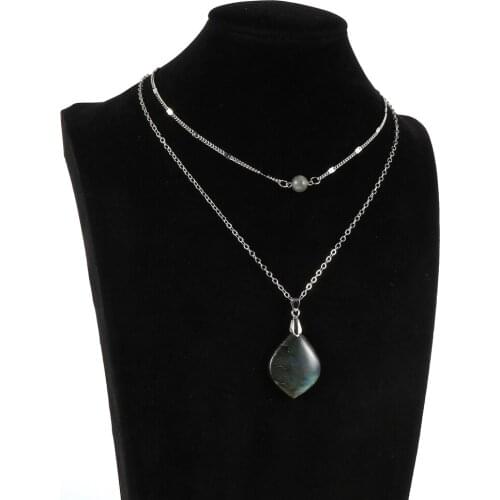 2020 Fashion Women Double Layer Natural Moonstone Pendant Necklace Silver Color O Chain Choker Necklace Female Boho Jewelry