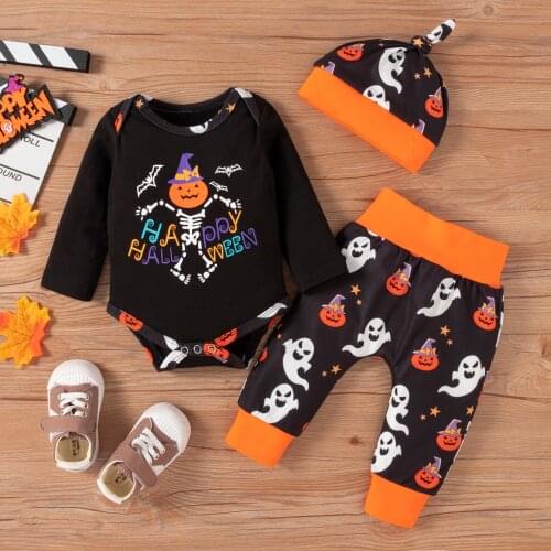 0-18M Happy Halloween Skull & Letter Print ClothesSets Newborn Baby Boy Girl Long Sleeve Romper+Long Pants+Knotted Cap 3pcs Sets