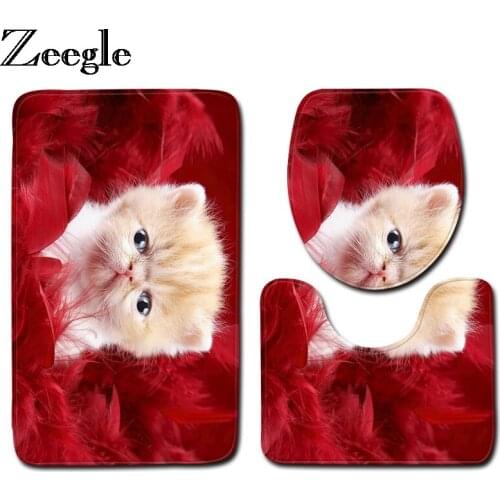 Zeegle Cat Pattern Bathroom Mat 3Pcs Bathroom Rugs Anti-slip Mat For Toilet Bathroom Floor Carpets Absorbent Bath Rugs