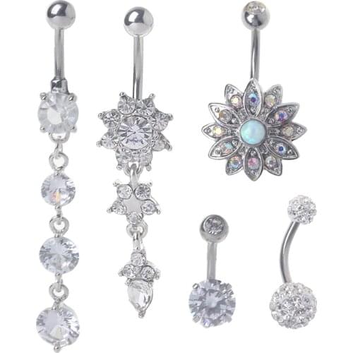 5Pcs Titanium Dangle Belly Button Ring Navel Curved Barbel CZ Stone Piercing Set