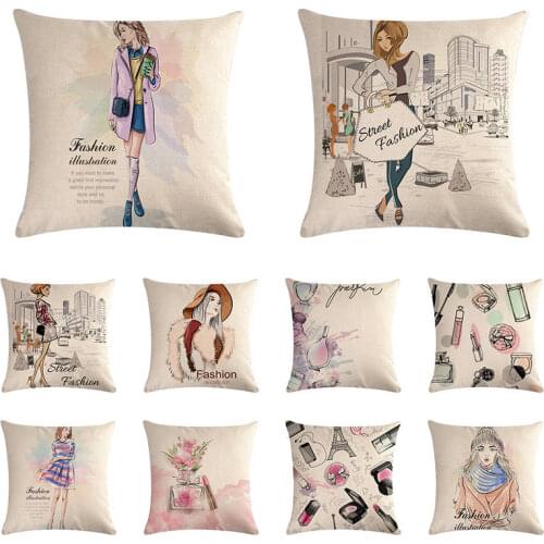 Girls Pattern Cushion Cover Fashion Style Square Cotton Linen Pillowcase Sofa Throw Cushion Covers Decor Pillows case ZY1175