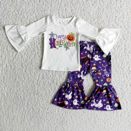 Hot Sale Kids Flare Sleeve White Top And Print Pants 2Pieces Set Cute Girl Letters Design Outfit For Halloween