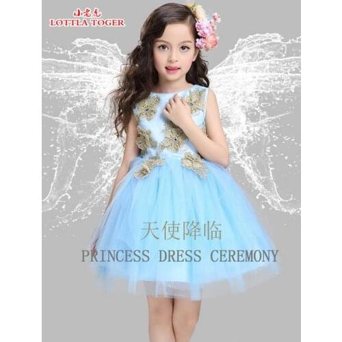Kids Lace Princess Girl Communion Dress Dimensional flowers Girl Sleeveless Bridesmaid Wedding Party Birthday Sky Blue Dress3-12