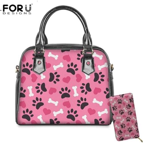 FORUDESIGNS Cute Cat/Dog Paw Print Women 2Pcs Shoulder Bag and Wallet set Femme PU Leather Handbag Ladys Daily Totes Hand Bags