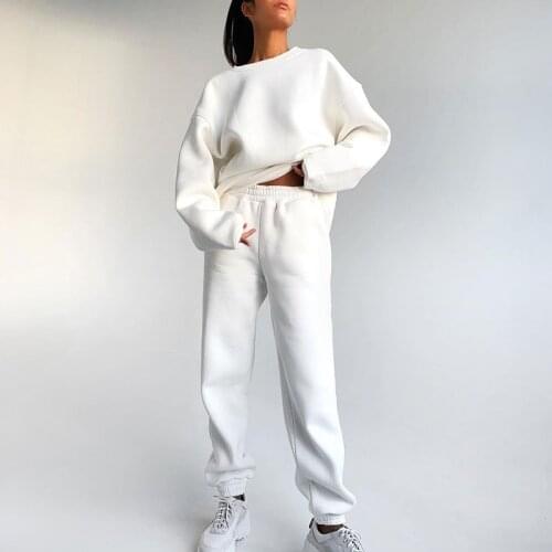 MEIYANGYOUNG Thick Fleece Womens Suit Solid O Neck Tracksuit Women Winter 2 Pieces Set Oversized Sweatshirt And Pants Suits