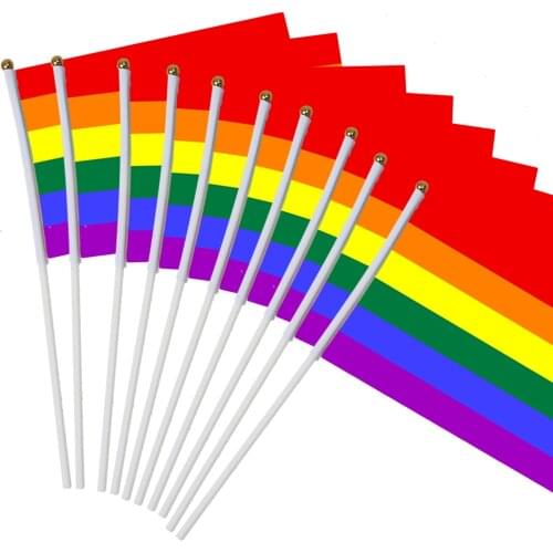 11.11 10pcs/pack 14*21cm gay pride Small national flag rainbow hand waving flags With Plastic Flagpoles For Sports Parade Decor