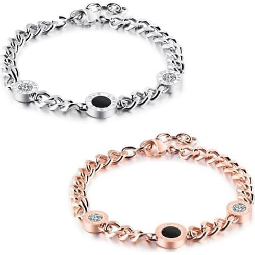 Stainless Steel Minimalism Rose Gold Roman Number Black Stone Women Ladies Bracelet Bangle Jewelry Gift For Him