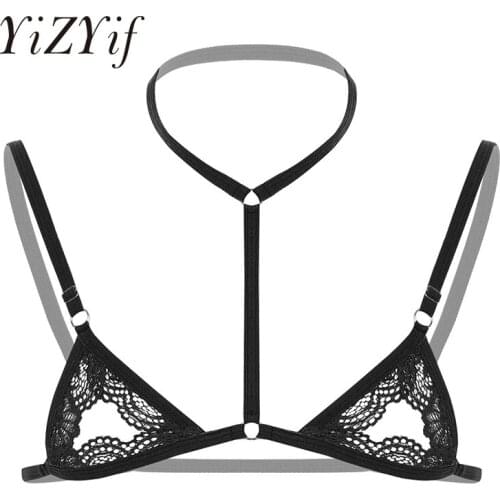Mens Bra Tops Bikini Erotic Sissy Sheer Lace Lingerie Halter Neck Adjustable Spaghetti Straps Wire-free Unlined Mini Bra Tops