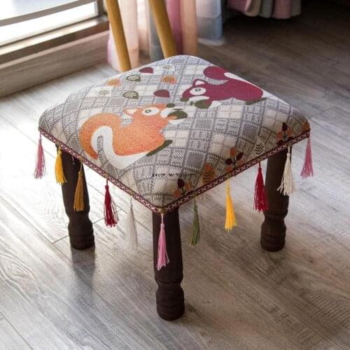 Ins Low Stool National Style Solid Wood Small Stool Nordic Creative Fabric Living Room Sofa Stool Household Shoe Changing Stool