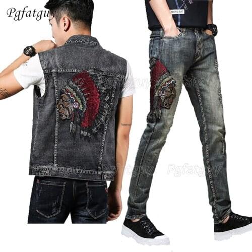 Newest Fashion Mens Jeans Sets Vintage Embroidery Indian Punk Style Washed Retro Blue Denim Vest + Hole Ripped Jeans Man Suit