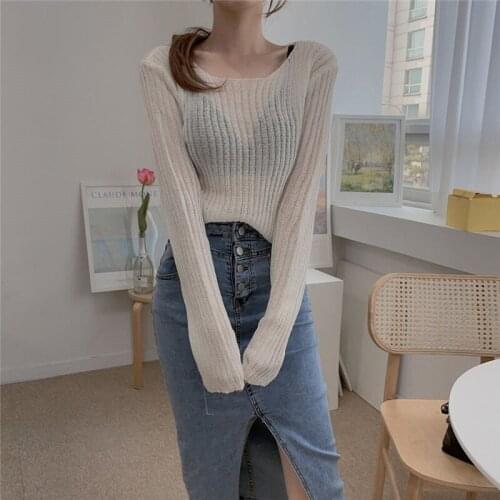 Alien Kitty 2021 New Autumn Womens Knit Pullover Sweater Long-Sleeved O Neck Korean Sexy Solid Color Basic Casual All-Match