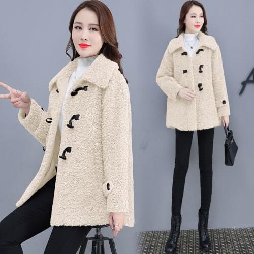 Large size women Autumn Winter New Granule wool coat fashion lapel Tops Loose warm coat female high quality Plush famale jacket