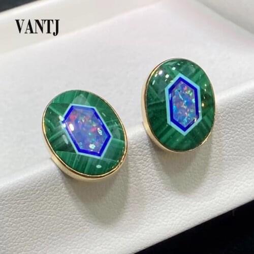 VANTJ Real Natural Opal 14K Yellow Gold Earring Gemstone Splicing Lapis Turquoise Malachite for Women Party Birthday Gift