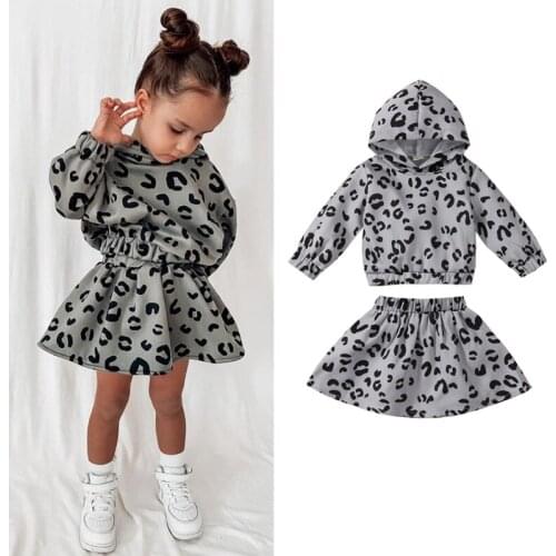 FOCUSNORM Fashion Toddler Girls 2pcs Clothes Sets Leopard Printed Hooded Long Sleeve Tops A-Line Skirts Outfits 1-6Y