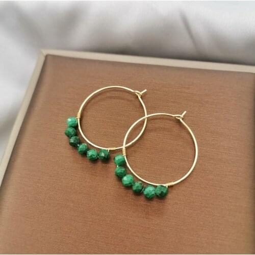 Unique Malachite Hoops Earrings New Fashion Natural Stone 14K Gold Filled Statement Jewelry Wire Wrap Hollow Circle Earrings