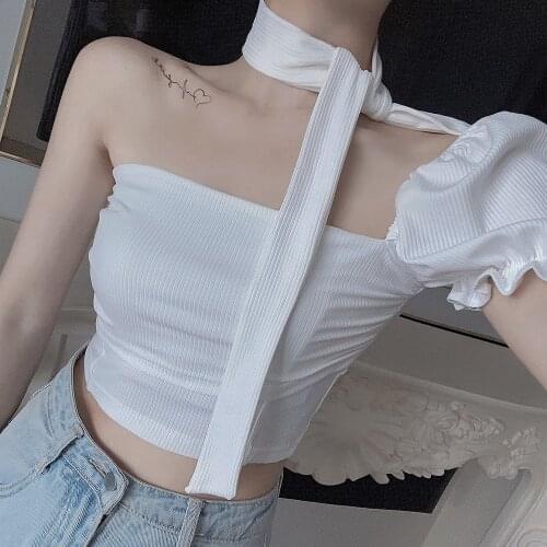 Wenfly Womens Tops Suspender Single Shoulder Puff Bubble Sleeve Lace-up Design Short Skinny Open Back Tees Sweet Elegance