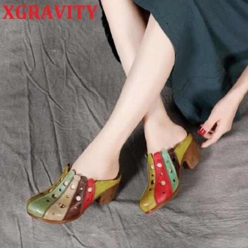 XGRAVITY c019 Vintage Chunky Heel Hand-made Cow Genuine Leather Rainbow Slippers Fashion Summer Shoes COlorful Footwear Girls
