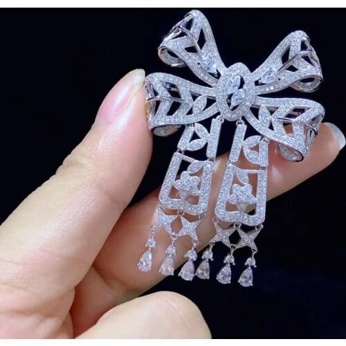 Vintage 925 sterling silver with cubic zircon bowknot brooch pins fine women jewelry for dress coat free shipping