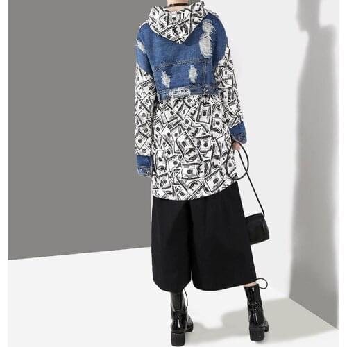 Runway Women Winter Pullovers Sweatshirt Hoodies Denim Patchwork Oversized Greenback Patterns Print Hoodies