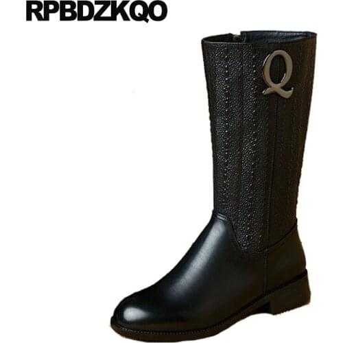 2021 Fur Block Brown Winter Embellished Side Zip Boots Women Fashion Chunky Metal Shoes Mid Calf Genuine Leather Black Round Toe